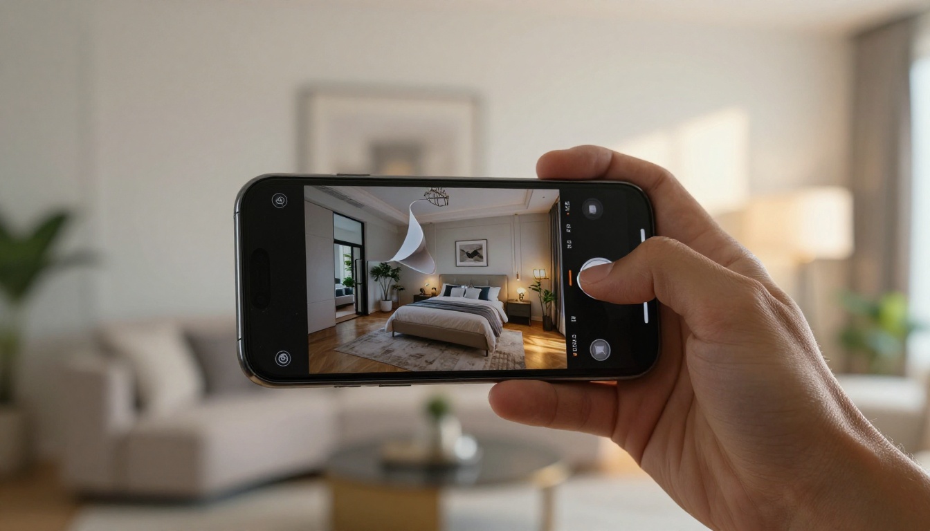 Hand holding a smartphone displaying a digital property flipbook with page-flip animation Hand holding a smartphone displaying a digital property flipbook with page-flip animation