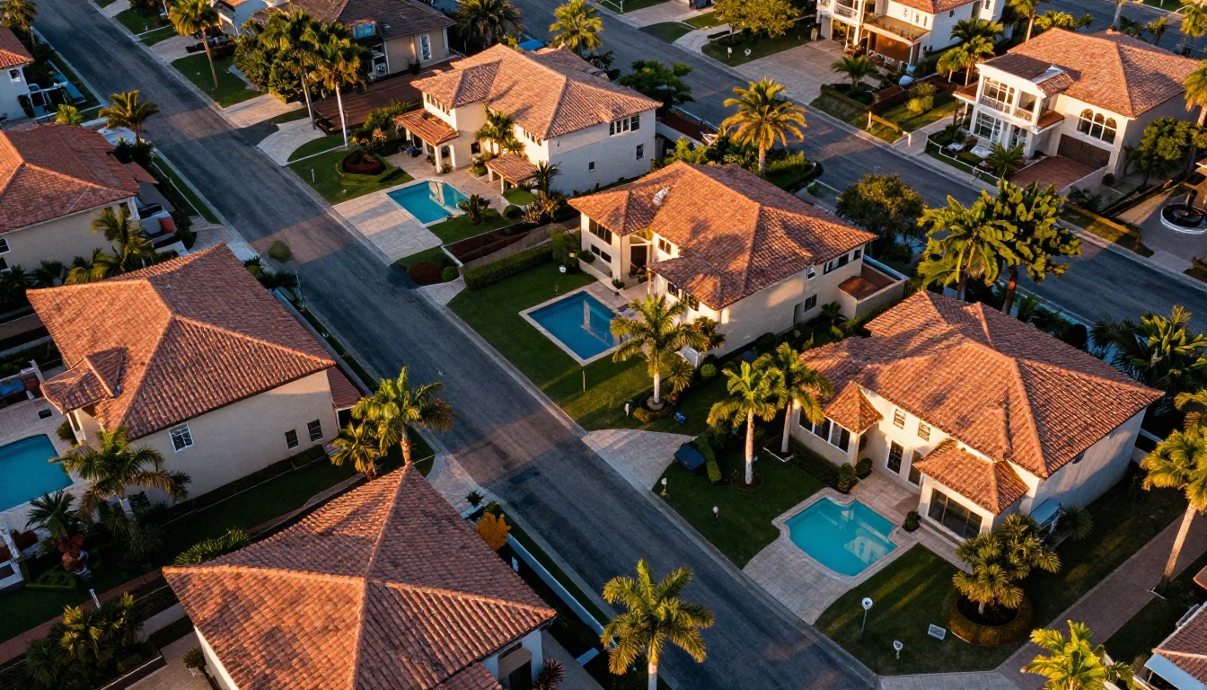 Aerial drone view of a premium residential neighborhood at golden hour with pools and manicured gardens Aerial drone view of a premium residential neighborhood at golden hour with pools and manicured gardens