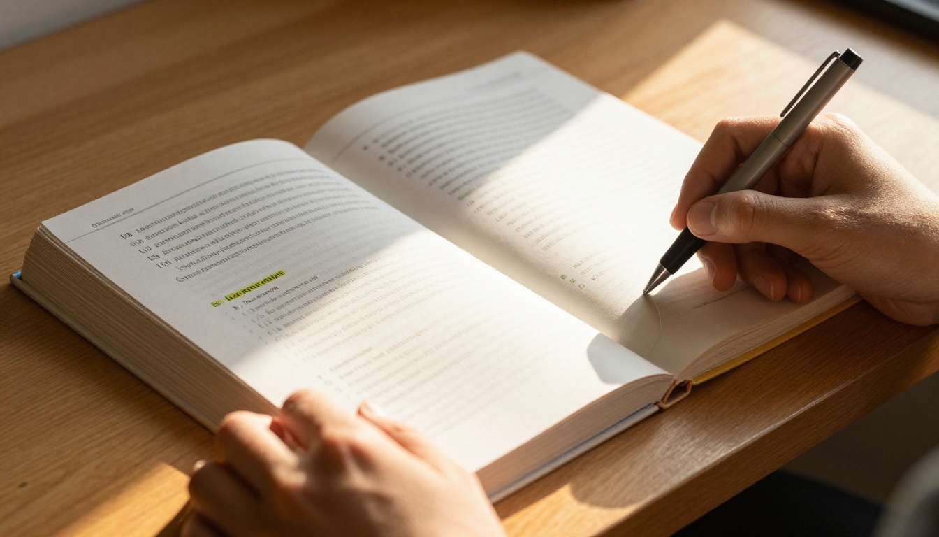 Close-up of hands flipping through a glossy printed course workbook on a natural wooden desk in warm afternoon sunlight
