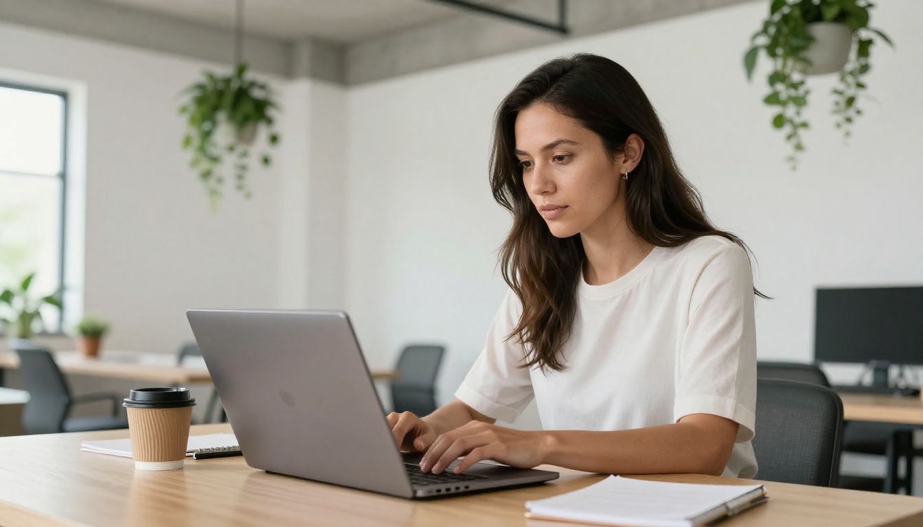 A focused female educator typing on a laptop at a bright modern coworking space with overhead greenery