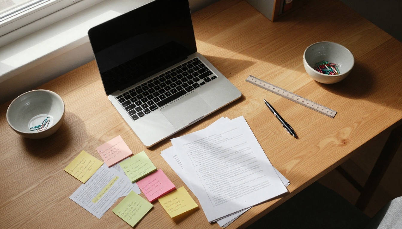Course materials spread across a desk with colorful sticky notes and a laptop, aerial overhead view Course materials spread across a desk with colorful sticky notes and a laptop, aerial overhead view