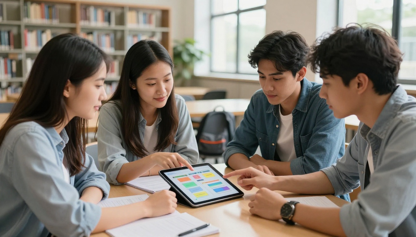 Students gathered around a tablet reviewing interactive course content at a bright university library table Students gathered around a tablet reviewing interactive course content at a bright university library table