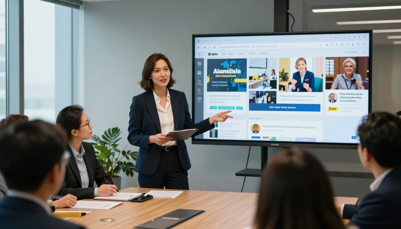 A professional woman presenting colorful course content on a large monitor to colleagues in a well-lit modern meeting room