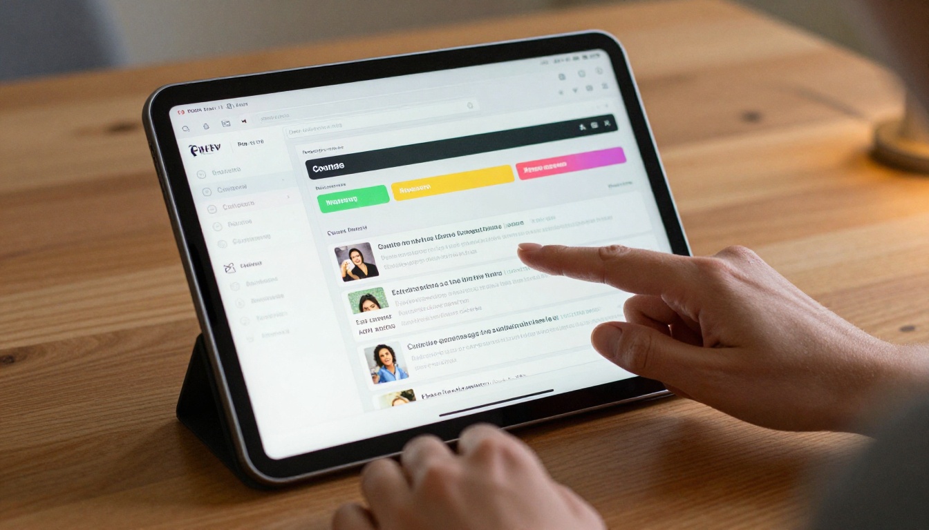 A tablet screen showing vibrant, well-designed course module pages with clean typography and colorful sections A tablet screen showing vibrant, well-designed course module pages with clean typography and colorful sections