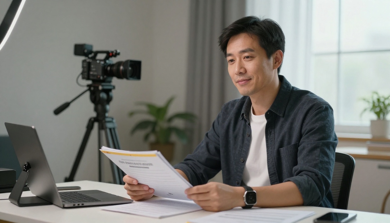 A male instructor recording online course content at a clean home studio desk with course materials visible A male instructor recording online course content at a clean home studio desk with course materials visible