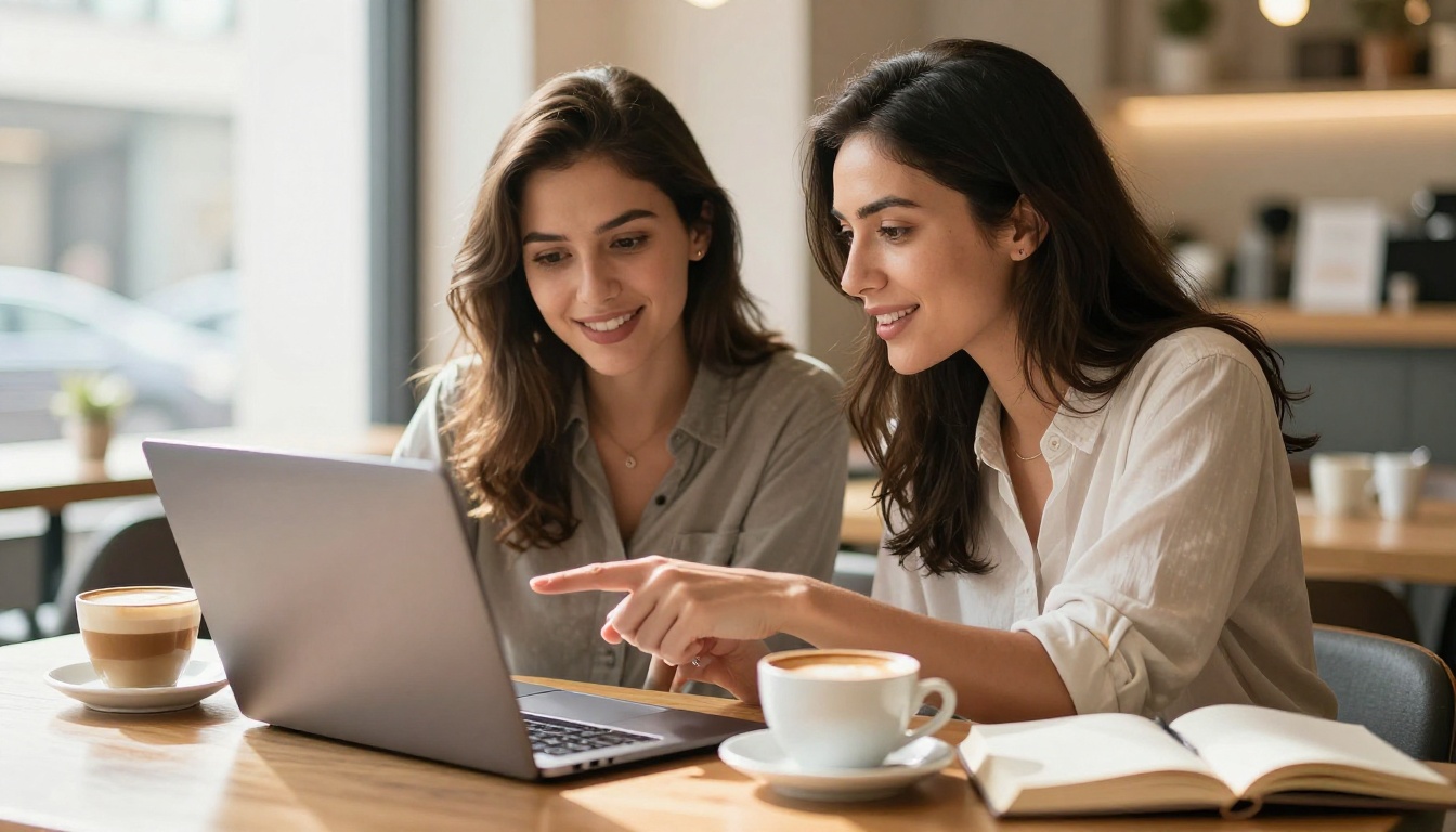 Two women collaborating over a shared laptop at a bright sunlit cafe table, reviewing course content together