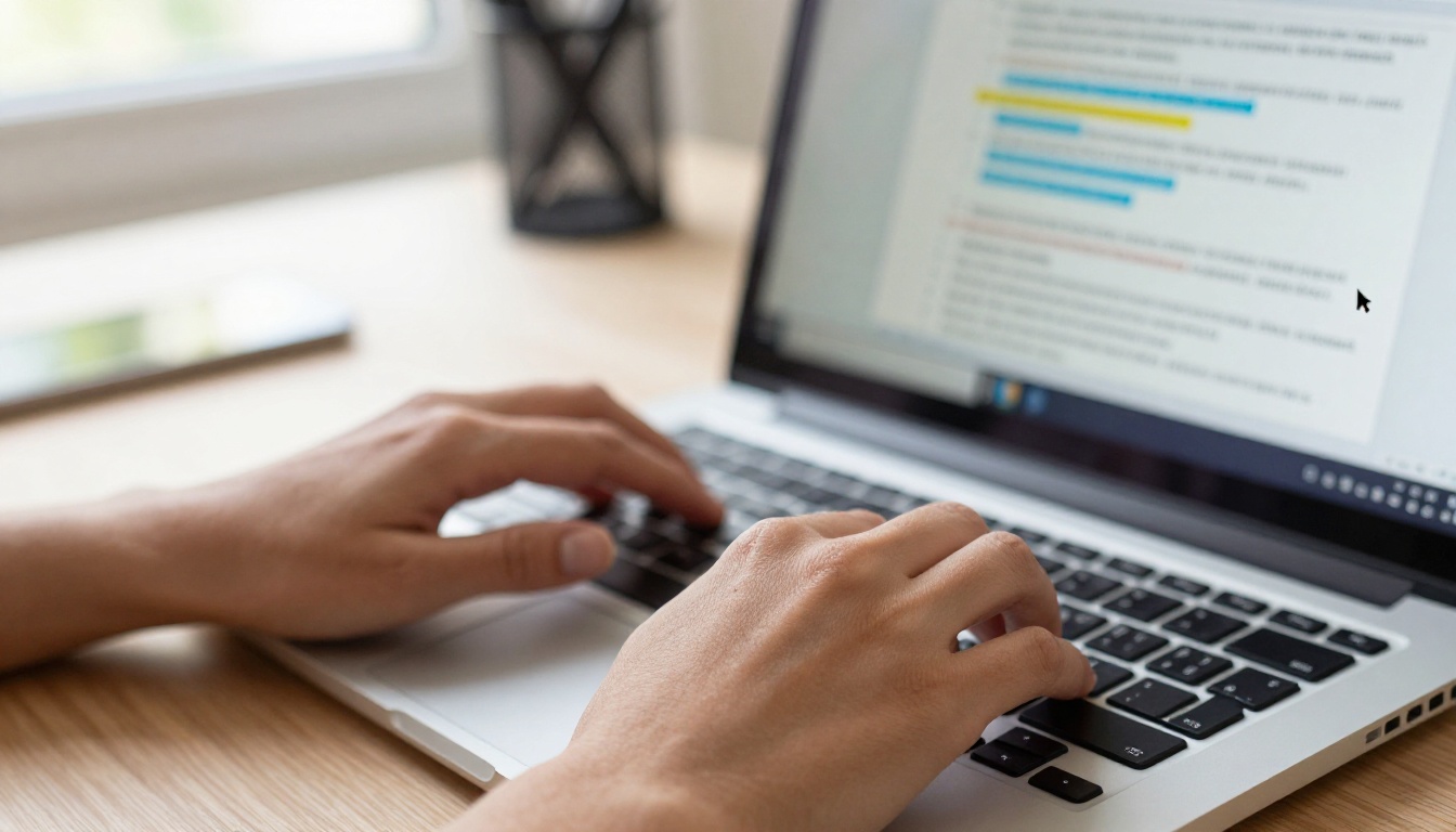 Hands typing on laptop with PDF and hyperlinks visible on screen