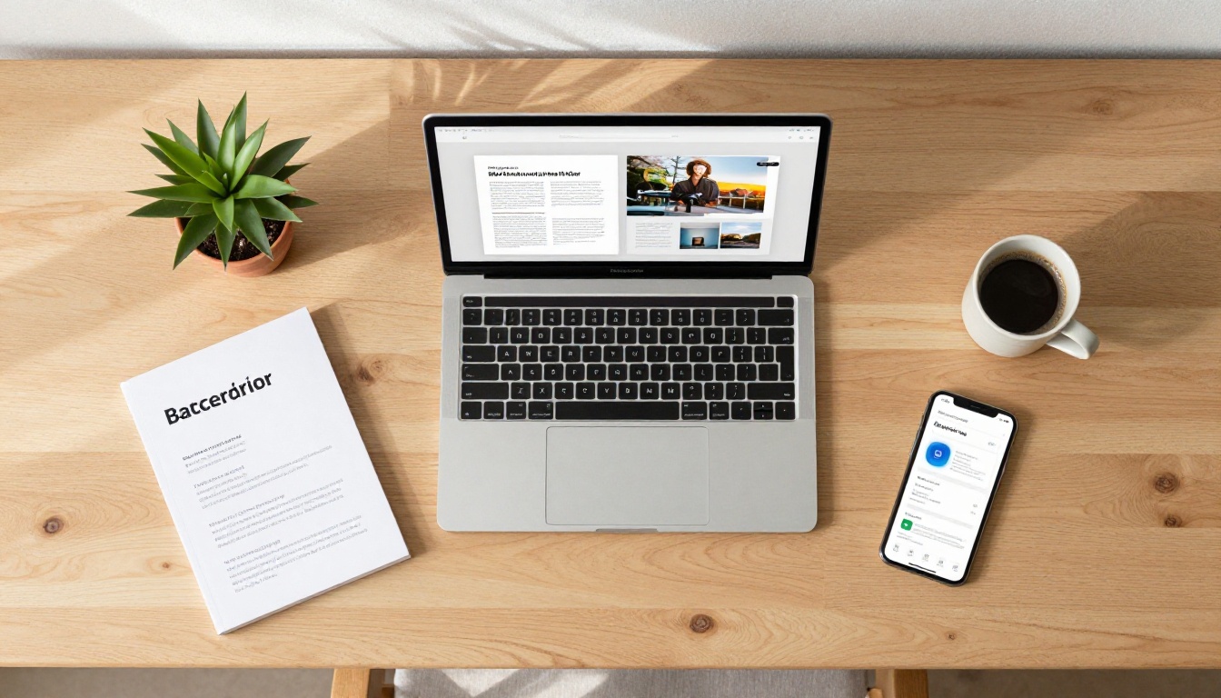 Aerial desk setup with MacBook flipbook, coffee and printed materials