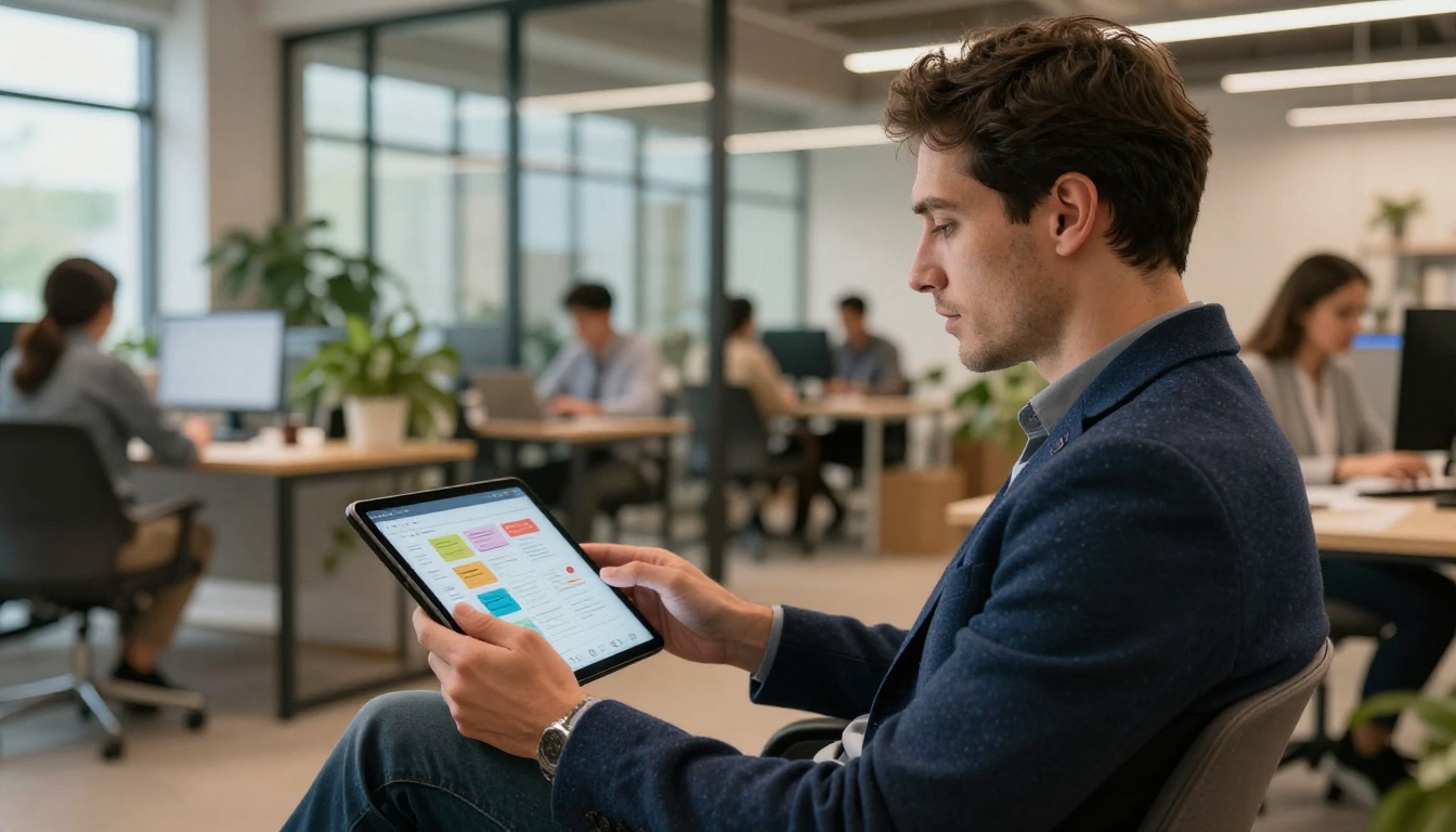 Professional man holding tablet with interactive digital publication in coworking space