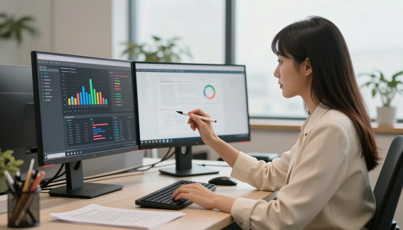 Woman at standing desk with dual monitors showing analytics and flipbook