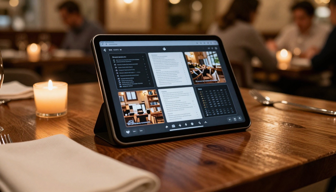 Restaurant tablet displaying interactive digital menu with linked sections