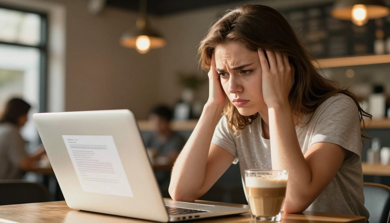 A frustrated user seeing a watermark on her flipbook at a coffee shop