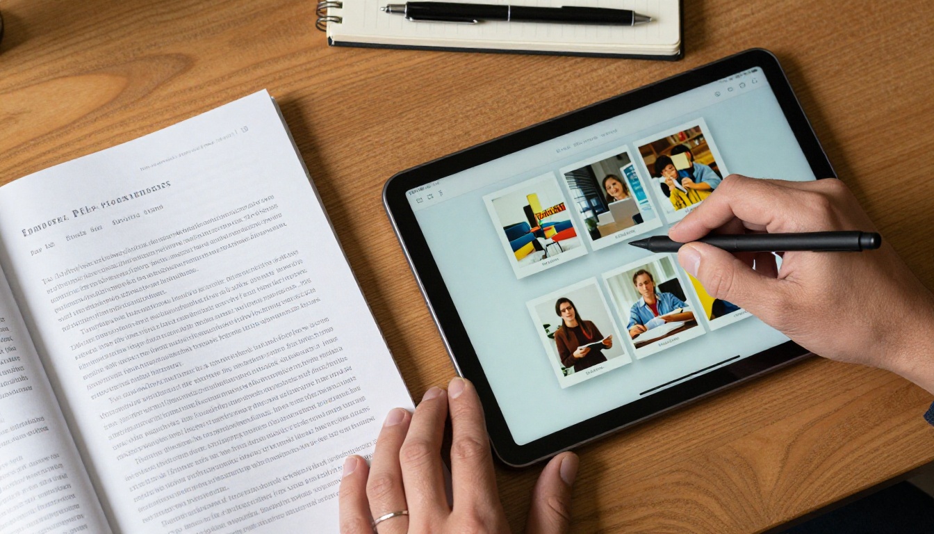 PDF document compared side by side with a digital tablet flipbook on a wooden desk