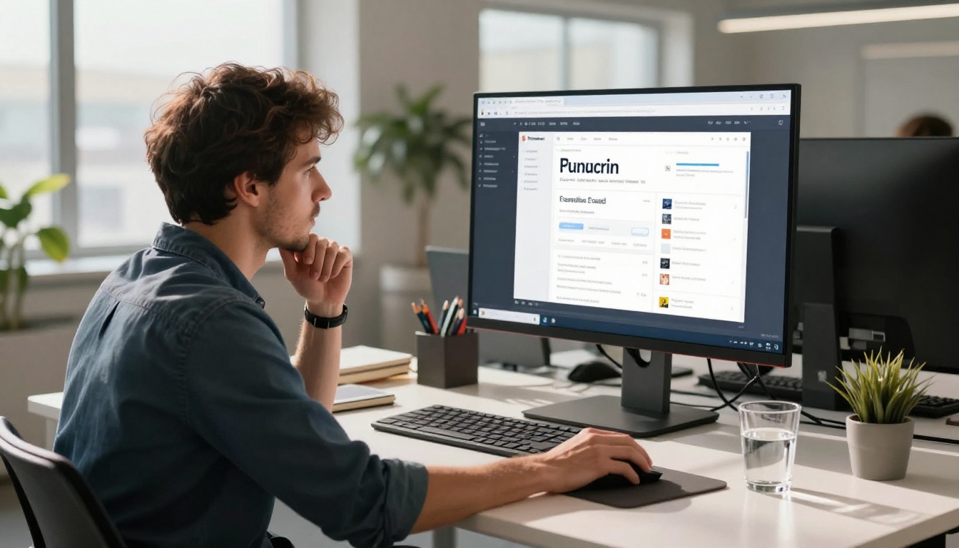 Man comparing multiple flipbook tools on an ultrawide monitor in a modern office