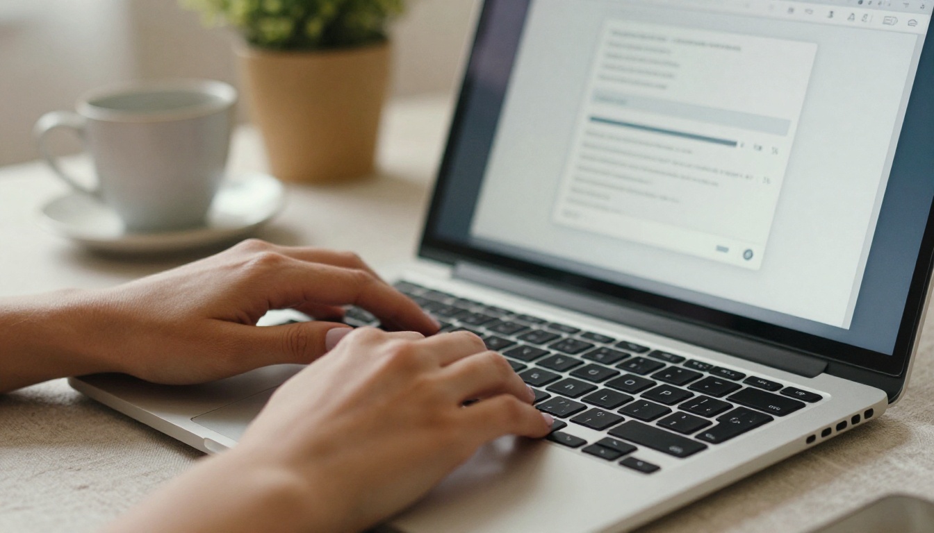 Woman uploading a PDF file on her laptop with a progress bar visible