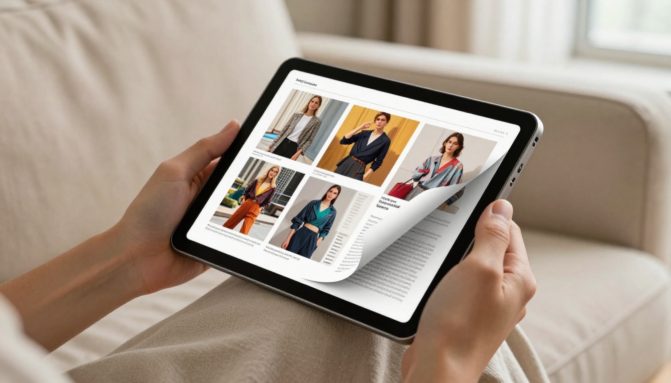 Hands holding a tablet showing a magazine-style flipbook with a visible page-turn effect