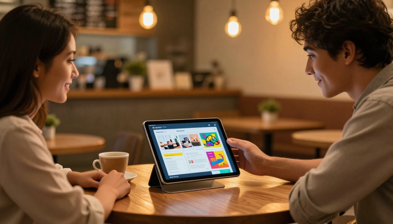 Small business owner showing a digital catalog flipbook on a tablet to a customer in a cafe