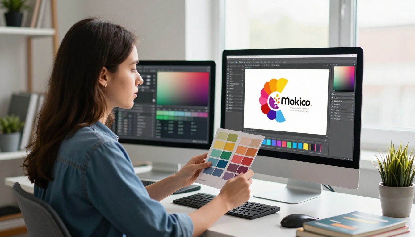 Creative professional customizing flipbook branding on a dual-monitor setup in a design studio