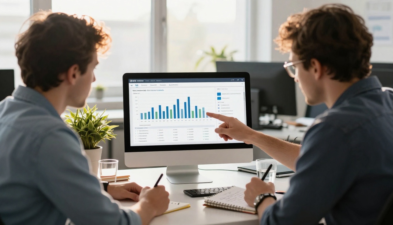 Two colleagues reviewing an analytics dashboard on a laptop in a bright modern office