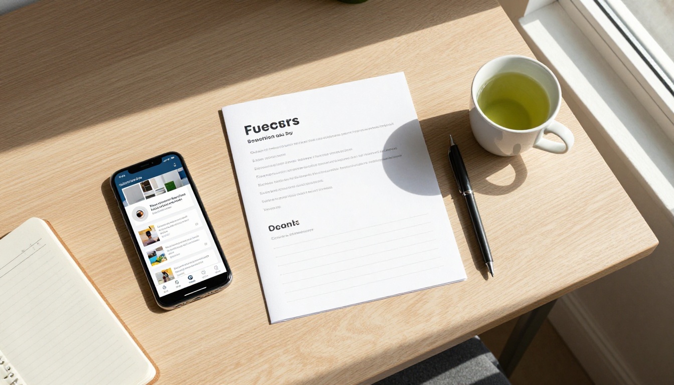 Aerial flat lay of a smartphone with flipbook, brochure, notebook and pen on a light oak desk