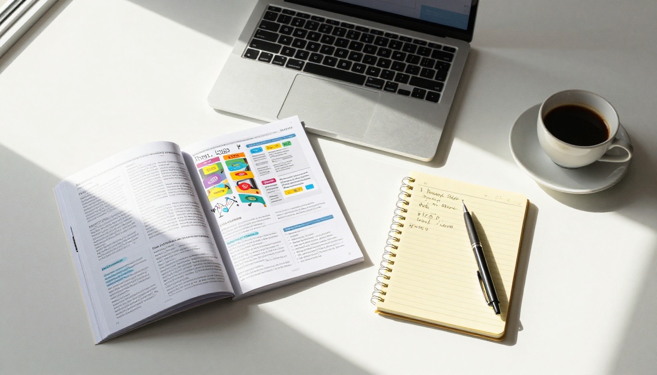 Aerial flat lay of printed PDF documents beside laptop showing digital flipbook Aerial flat lay of printed PDF documents beside laptop showing digital flipbook