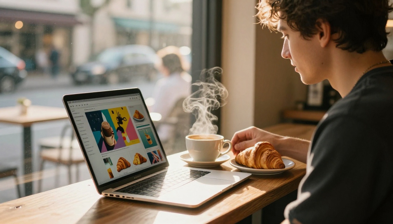 Small business owner at cafe browsing product catalog displayed as interactive flipbook Small business owner at cafe browsing product catalog displayed as interactive flipbook