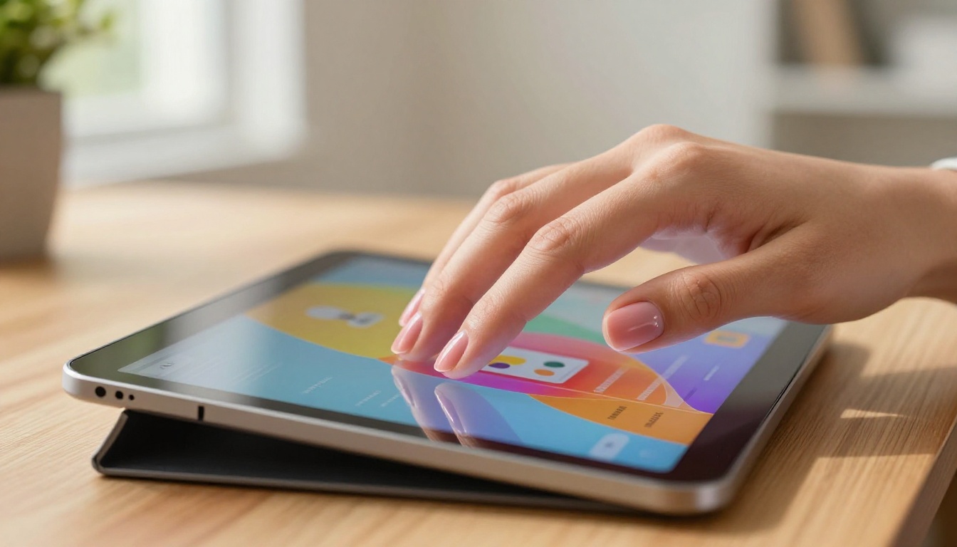 Close-up of hands swiping through a vibrant digital flipbook on a tablet with page-turn effect visible Close-up of hands swiping through a vibrant digital flipbook on a tablet with page-turn effect visible