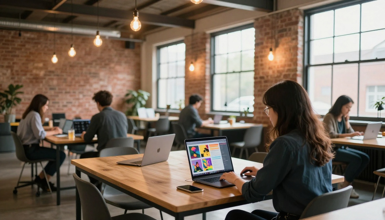 Professionals in modern co-working space with one viewing a digital flipbook on laptop