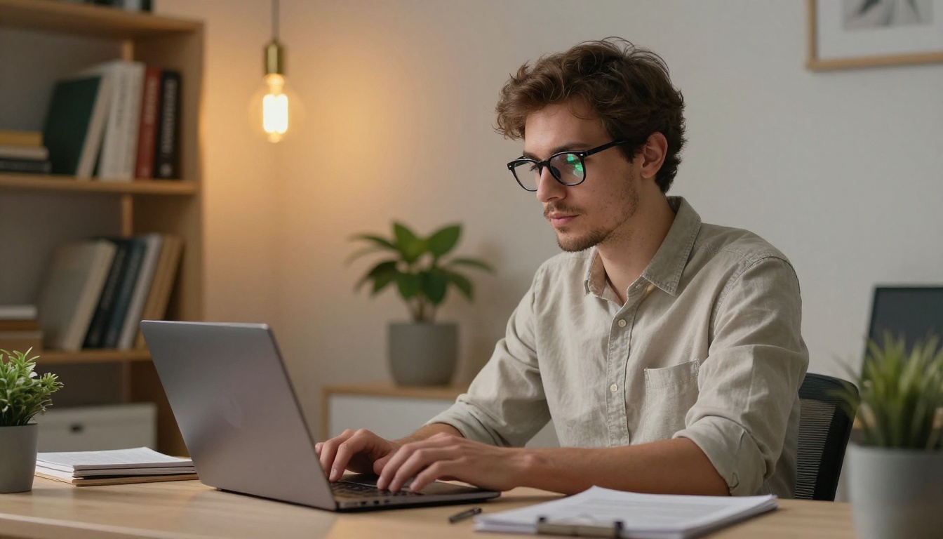 Business entrepreneur designing content for a digital publication on a laptop in a warm home office Business entrepreneur designing content for a digital publication on a laptop in a warm home office