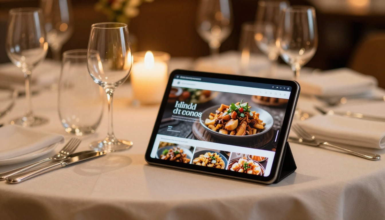 Elegant restaurant table setting with a tablet displaying a digital menu, candlelight and wine glasses in background Elegant restaurant table setting with a tablet displaying a digital menu, candlelight and wine glasses in background