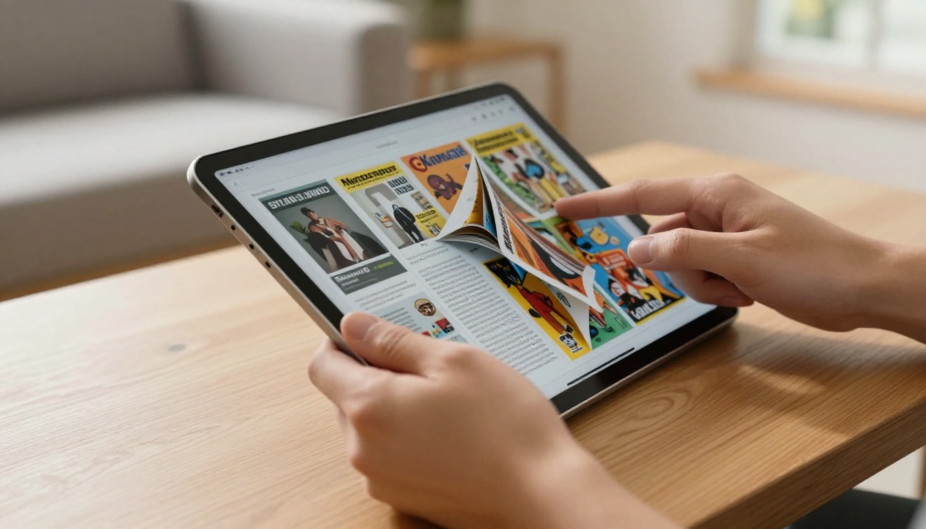 Hands swiping through colorful flipbook pages on a tablet device on coffee table