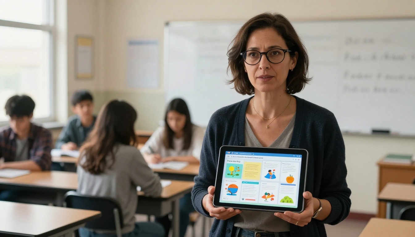 Teacher holding tablet displaying interactive educational flipbook in classroom