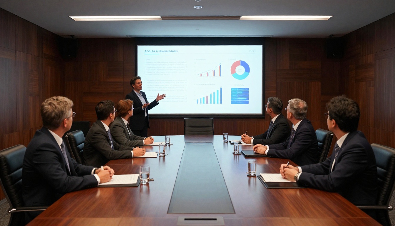 Corporate boardroom with executives viewing a professional annual report on a large display screen Corporate boardroom with executives viewing a professional annual report on a large display screen