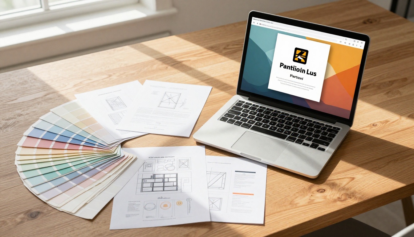 Creative designer's flat lay workspace with color swatches and branded flipbook on laptop
