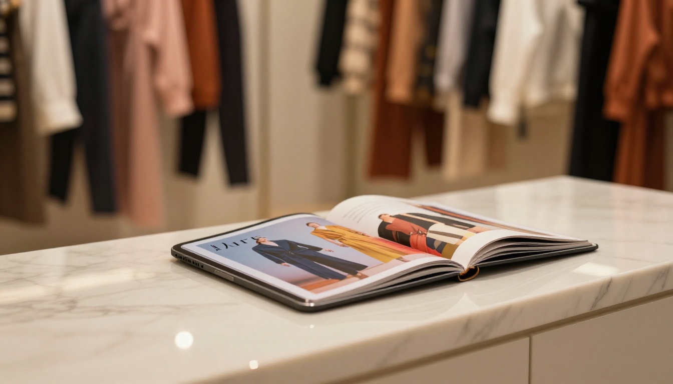 Fashion boutique display counter with a tablet showing a colorful digital lookbook, clothing racks softly blurred behind Fashion boutique display counter with a tablet showing a colorful digital lookbook, clothing racks softly blurred behind
