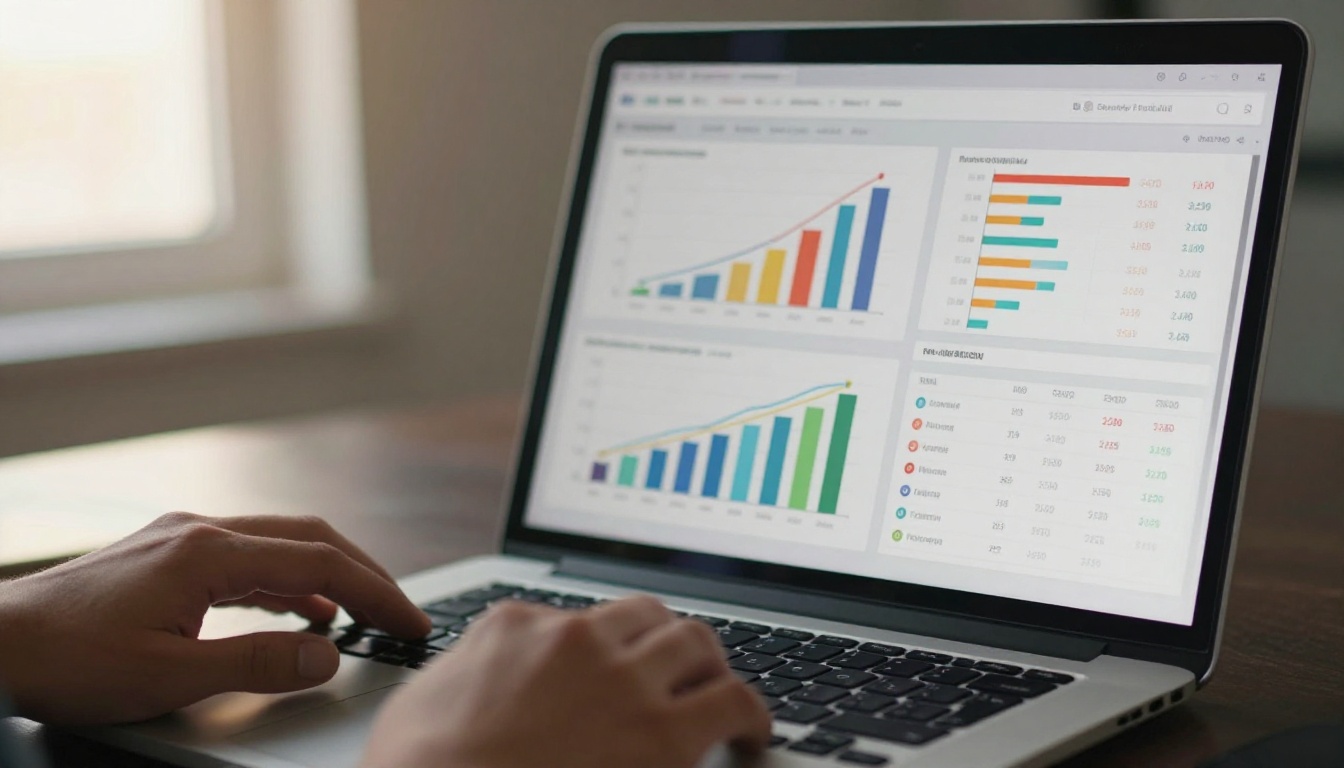 Analytics dashboard on a laptop screen showing performance charts, line graphs, and reader metrics Analytics dashboard on a laptop screen showing performance charts, line graphs, and reader metrics