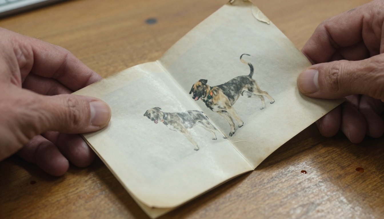 Close-up of worn, dog-eared printed brochure showing age and neglect