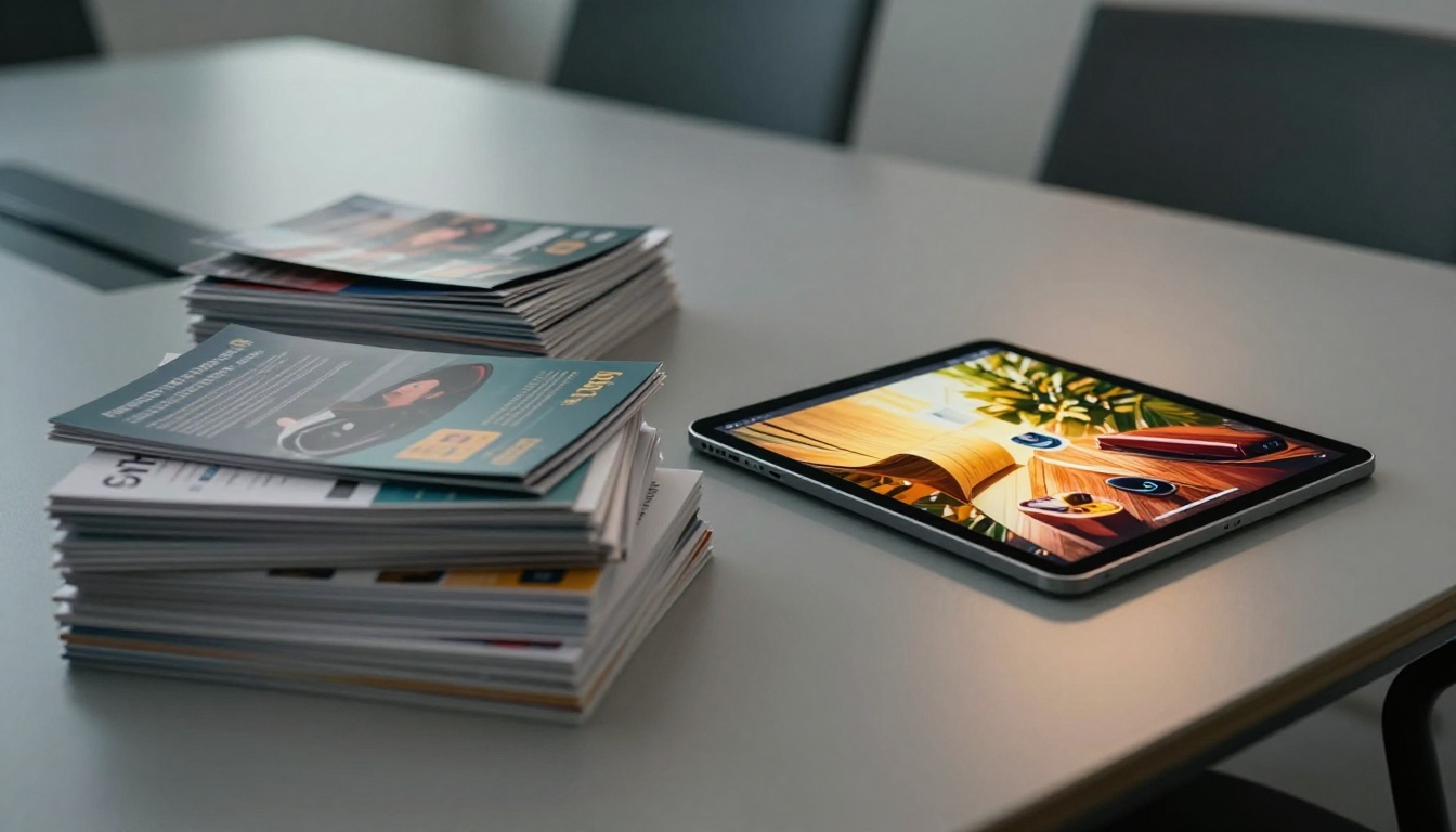 Paper brochures vs digital flipbook side by side on a conference table