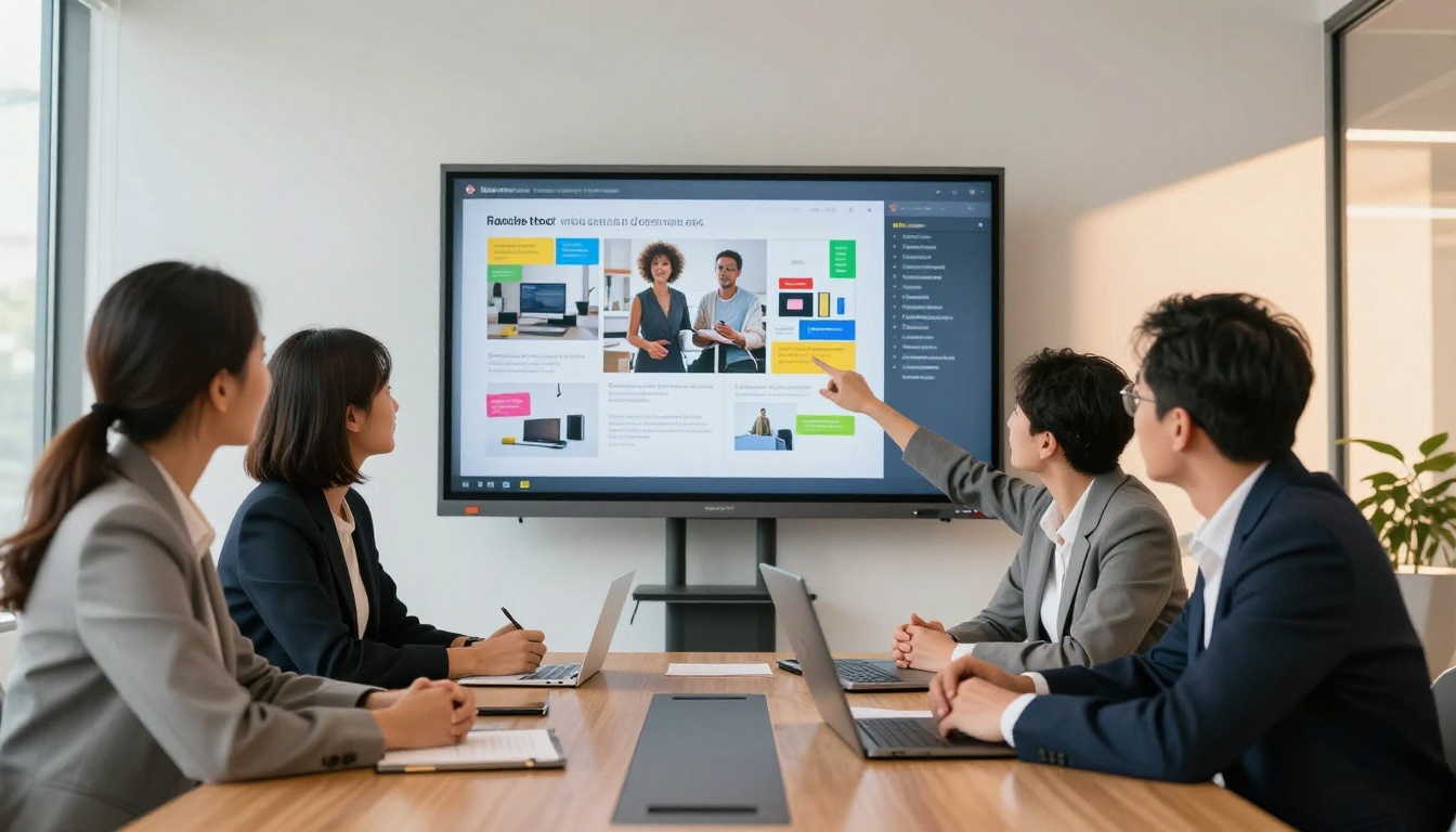 Business team reviewing an interactive flipbook presentation on a conference room screen