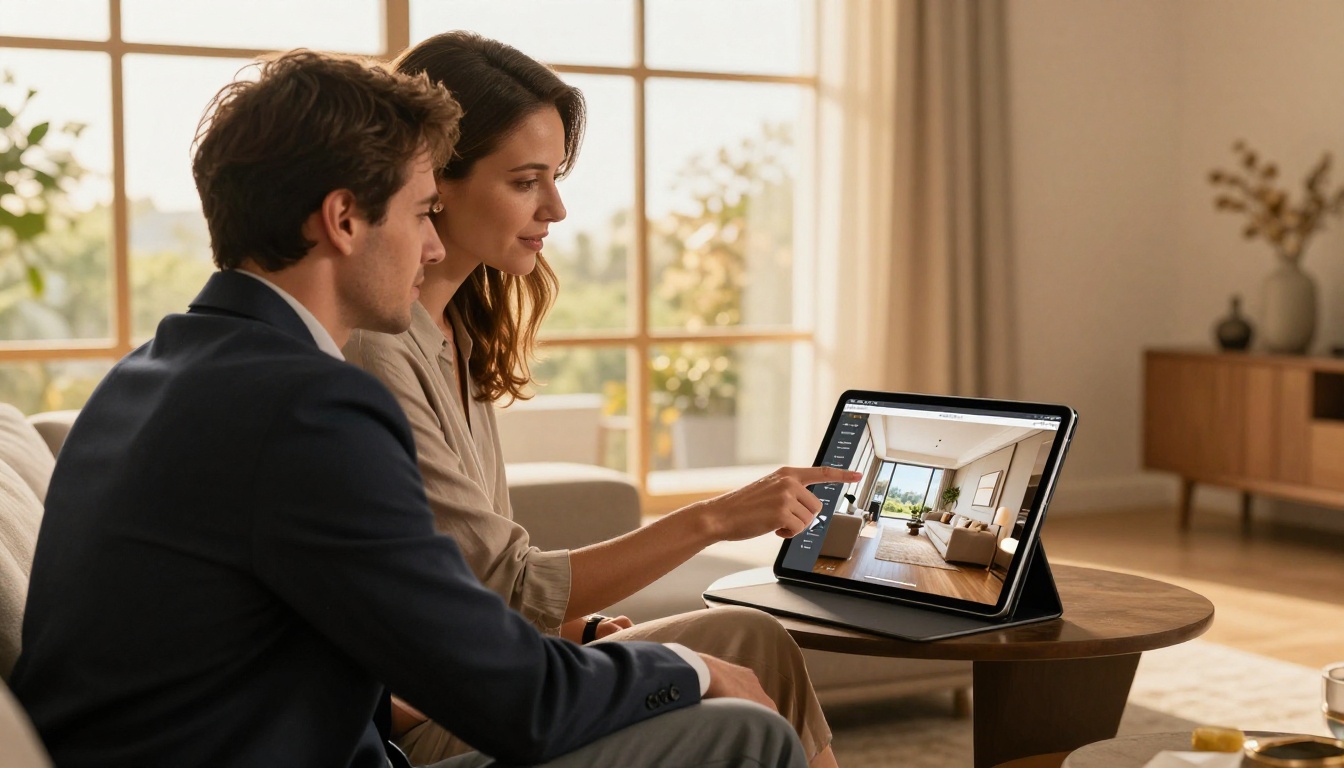 Real estate agent showing a property listing flipbook to a couple on an iPad