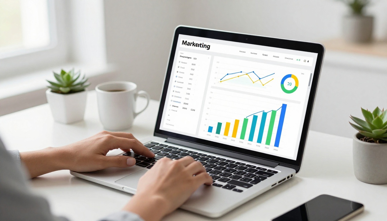 Marketing analytics dashboard on a laptop showing flipbook reader data and charts