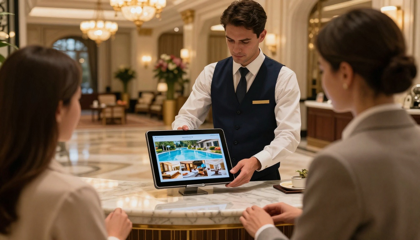 Hotel concierge presenting a digital flipbook brochure to a guest on a tablet