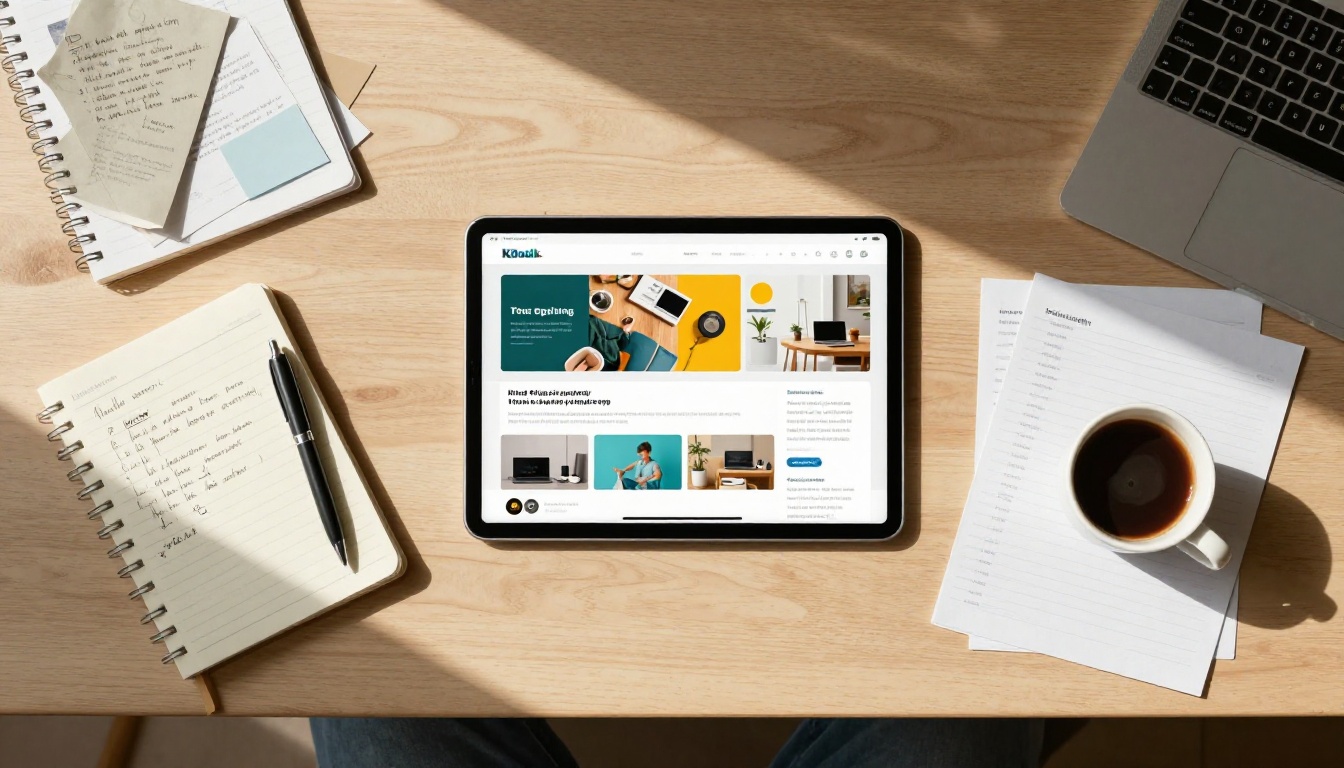Overhead flat-lay desk with a vibrant digital flipbook on a tablet beside scattered paper brochures