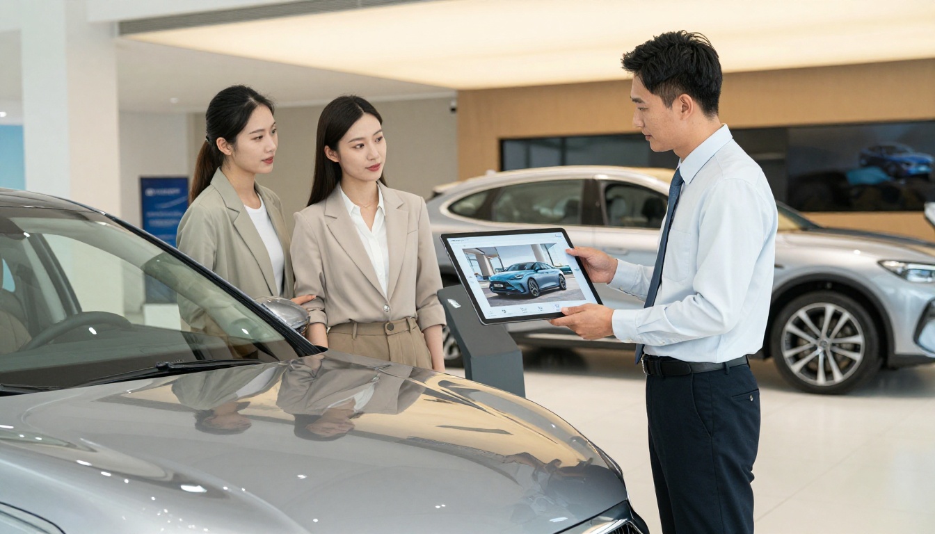Automotive dealership salesperson showing a car catalog flipbook on a tablet to a young couple