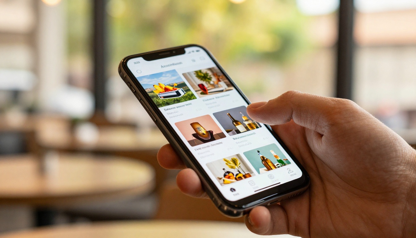 Smartphone showing a mobile-optimized product catalog flipbook at an outdoor cafe