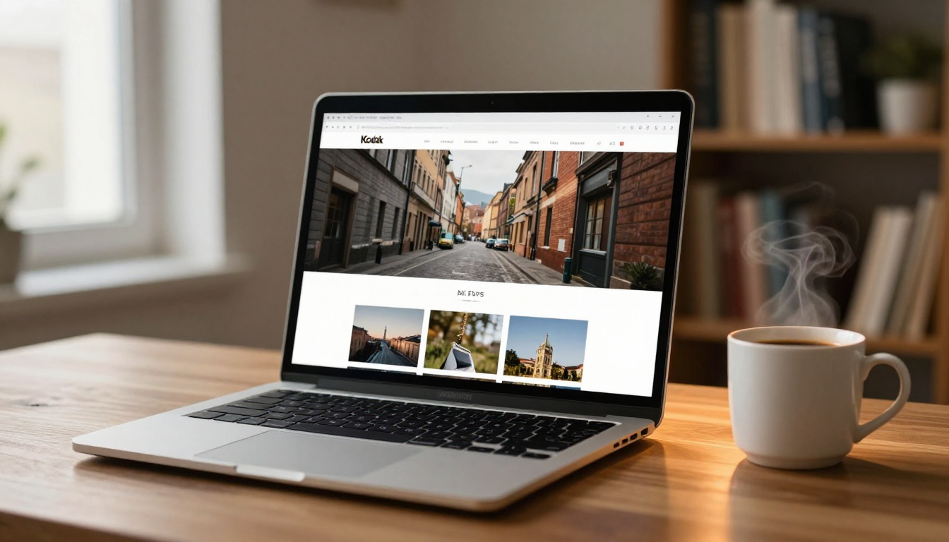 Photography portfolio displayed on a laptop in a warm home office setting