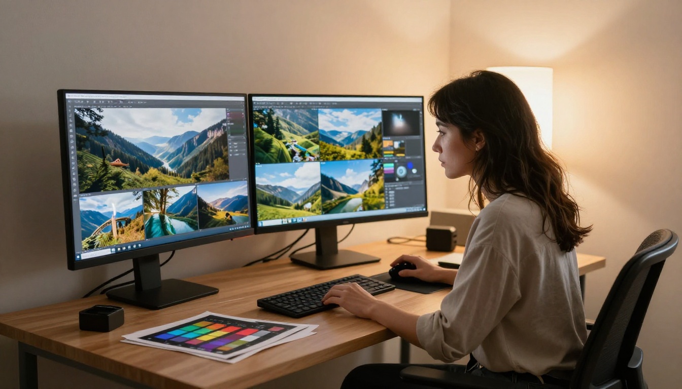 Photographer reviewing landscape images across dual monitors at an editing workstation