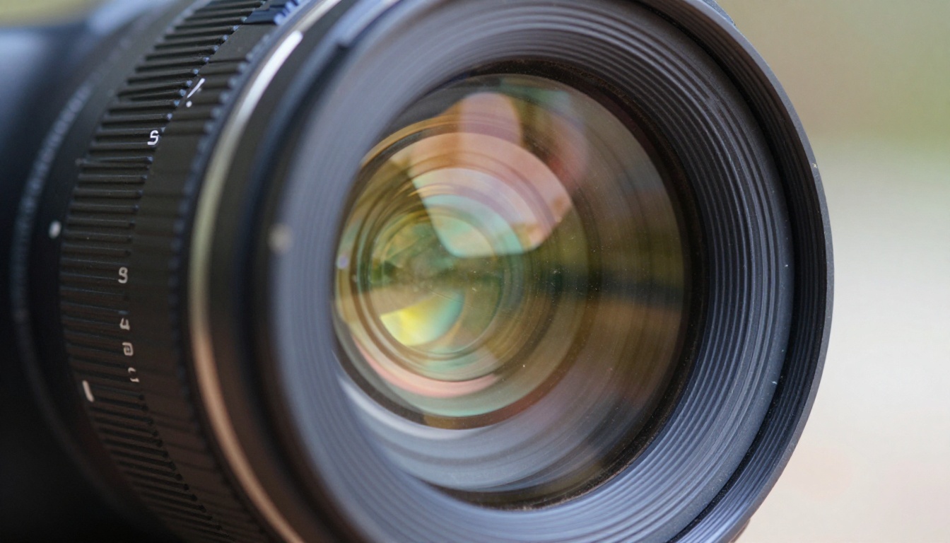 Extreme close-up macro shot of a professional camera lens reflecting a colorful landscape