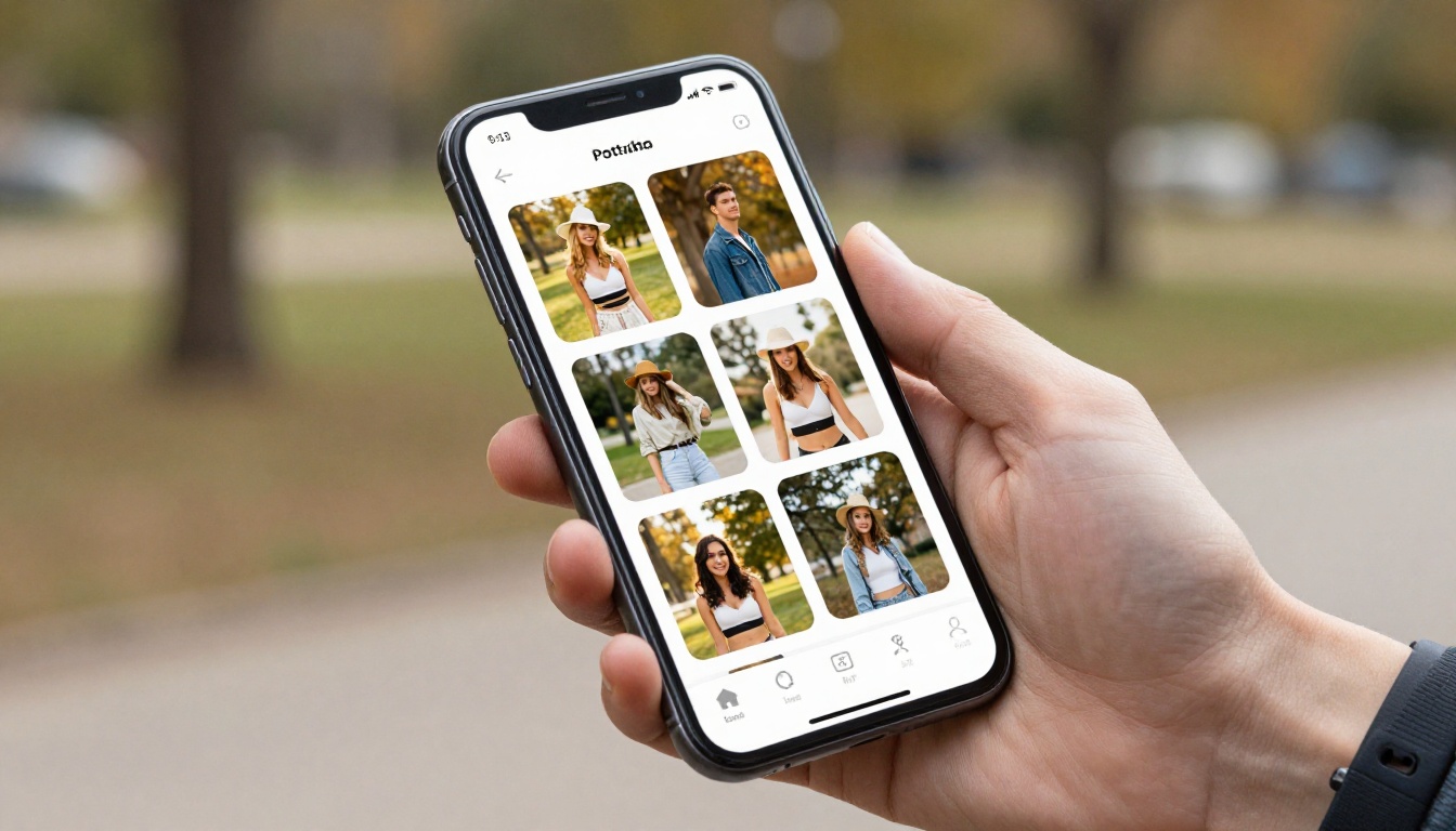 Smartphone displaying a photography portfolio app grid in an outdoor park setting