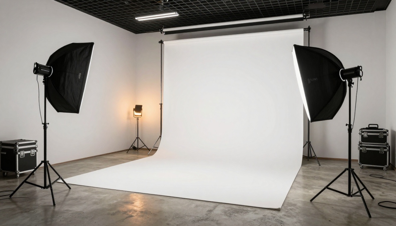White seamless backdrop professional photography studio with large octabox softboxes and camera on tripod White seamless backdrop professional photography studio with large octabox softboxes and camera on tripod
